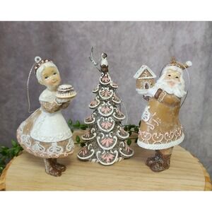 Gingerbread Santa Mrs Claus & Christmas Tree Ornament Peppermint Place 3 Pc NEW